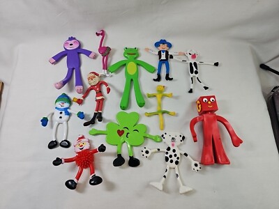 12 Vintage Bendable Figures Santa Cow Dog Frog Sloth Flamingo Cowboy Clover Fun!