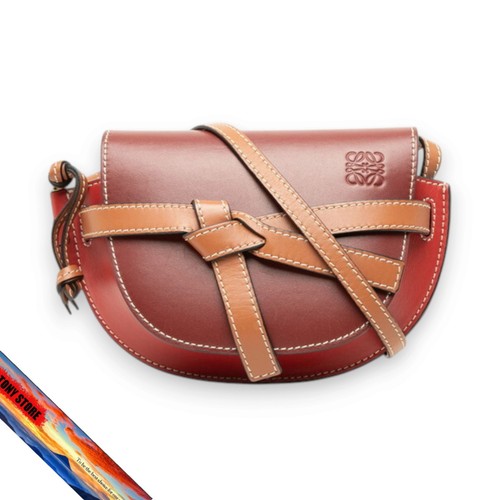 LOEWE Gate Mini Crossbody Bag Leather Red Brown Women's 19.5cm x 13.5cm