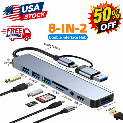 8 in 2Port USB-C Hub Adapter - 5G Speed Multi Splitter for PC, Laptop & MacBook