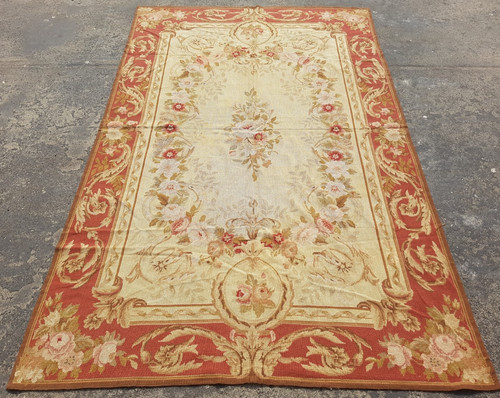 Vintage French Floral Needlepoint Handmade Multicolor Rug Wool Carpet 240x145 cm