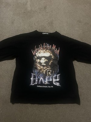 A Bathing Ape World Gone Mad Graphic Print Logo Black Pullover Sweatshirt Size L