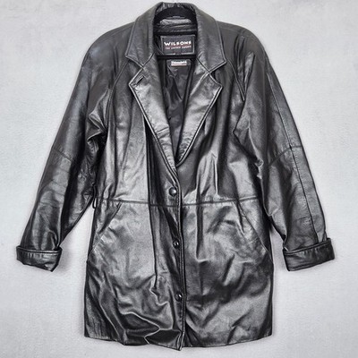 Wilsons Leather Coat Womens Small Black Thinsulate 3M Long Zip Snap Pockets