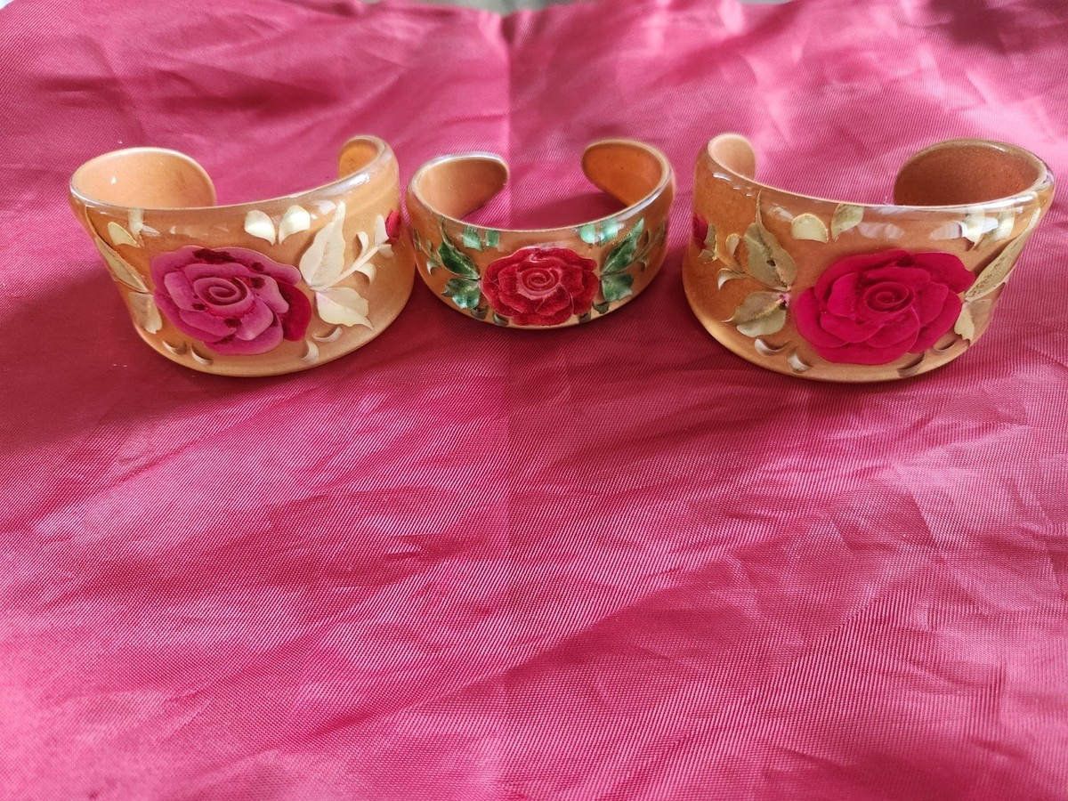 Lucite intaglio-style Rose Bracelets Set Of 3. 