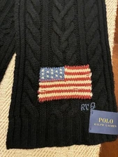 Polo Ralph Lauren Lambswool/Nylon Cable Knit Scarf Flag Americana Navy Blue RL67