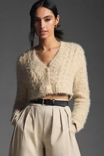 Anthropologie Cropped Eyelash Cream V-Neck Button Cardigan Sweater Cozy Size M