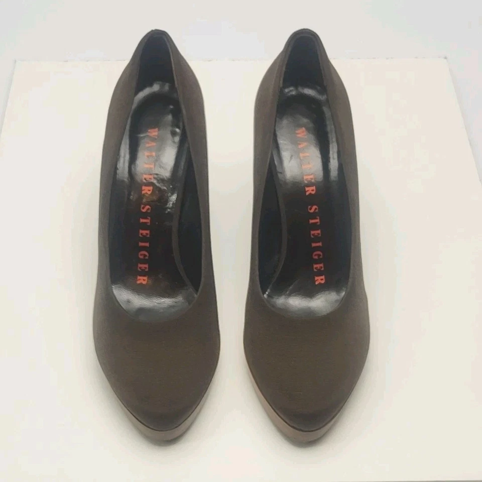 Walter Steiger Shoe 3.75" Wood Heel Pumps Brown Fabric EU 38.5 Size 8 Italy - Image 2 of 4