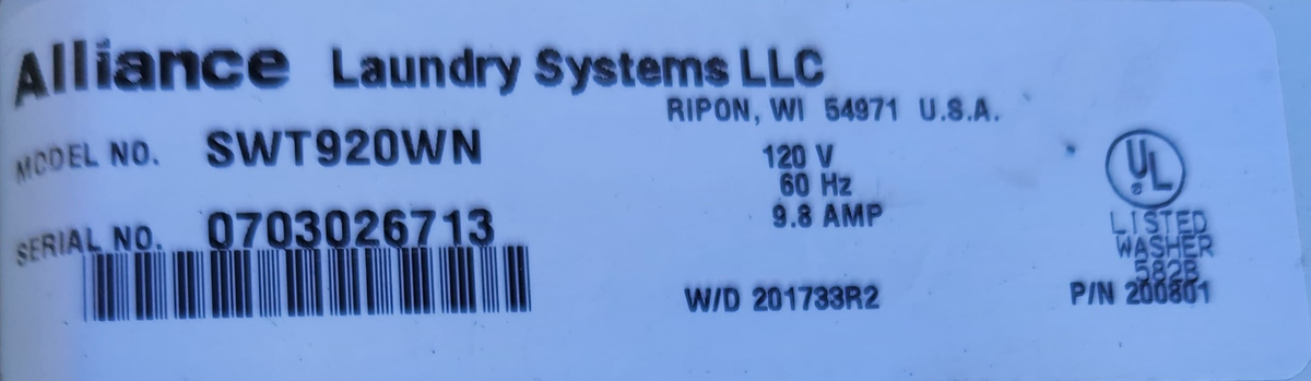 SPEED QUEEN COIN-OP TOP LOAD WASHER MODEL SWT920WN SN:0703026713