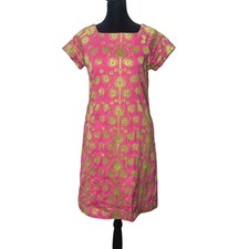 Womens Floral Embroidered Pink Green Shift Dress Size 2 Square Neck Folk Ethnic