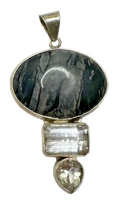 Charles Albert Sterling Silver Pendant Large Seraphenite 3 Stones Signed 925
