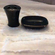 Springs Green toothbrush Holder  Soap DishWhite  Green Faux Marble Gold Trim