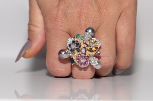 Vintage 1980s 18k Gold Diamond Emerald Ruby Sapphire And Pearl Strong Ring - Picture 11 of 14