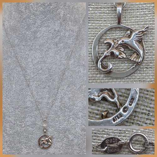 Vintage Sterling Silver 925 Hummingbird Feeding Flower Pendant Chain Necklace