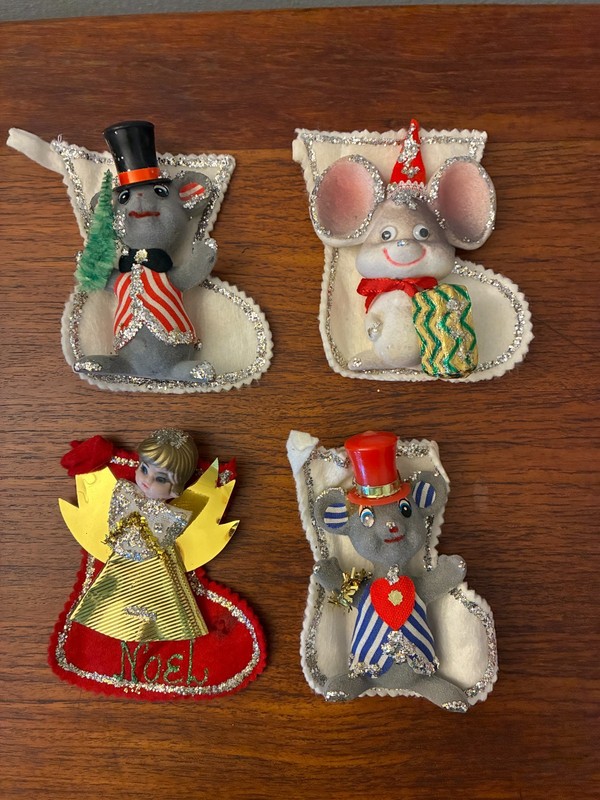 Vintage Christmas Ornaments, 3 Mice and 1 Angel  - New Old Stock    Japan