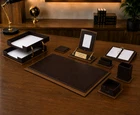 Luxury Leather&Wood Desk Set 11 Pcs with Double Tray Desk Organizer Brown