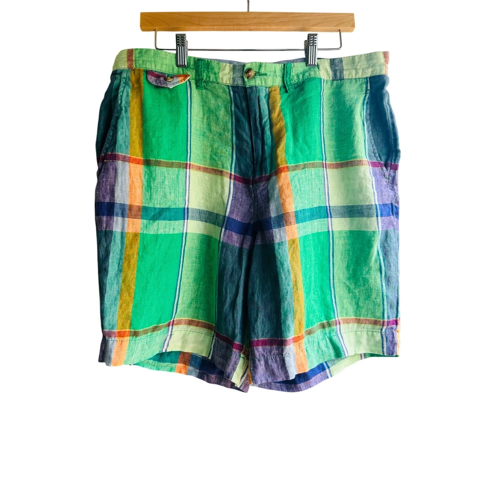 Polo Ralph Lauren Madras Linen Shorts Mens Classic Green Plaid Preppy Summer 35