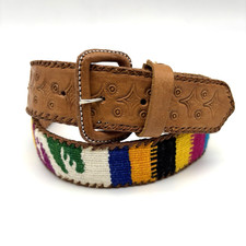 Vintage 90s Guatemala Handmade Multicolor Tapestry Tooled Leather Belt M 29-33"