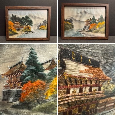 Pair of Vintage Japanese Silk Embroidery Art - Landscape Pagoda & Mt Fuji