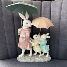 Bunny Rabbit Mom And Children With Umbrellas Resin Statue READ