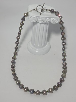 Gray Baroque Pearl & Crystal Bead Necklace Choker w/ Toggle Clasp 18''      (J1)