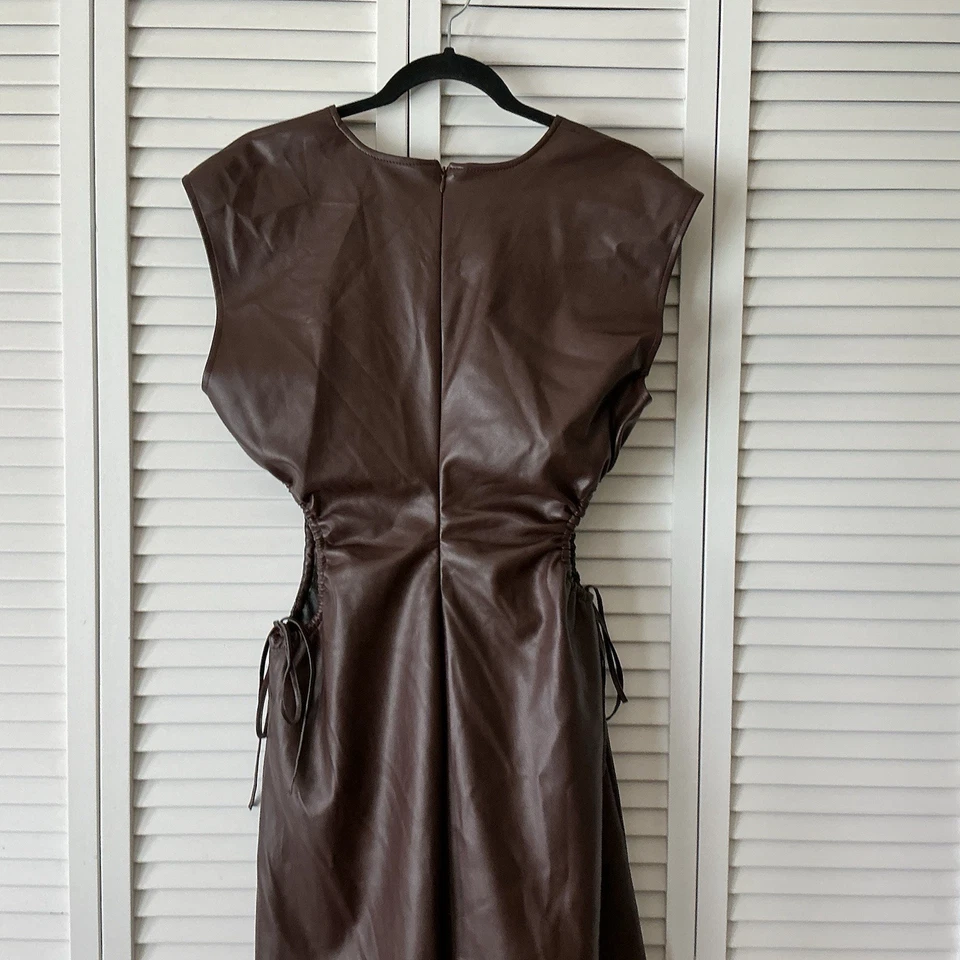 7 for All Mankind Miranda 女式 M 码素食皮革迷笛连衣裙露侧领带 — 第 3/4 张图片