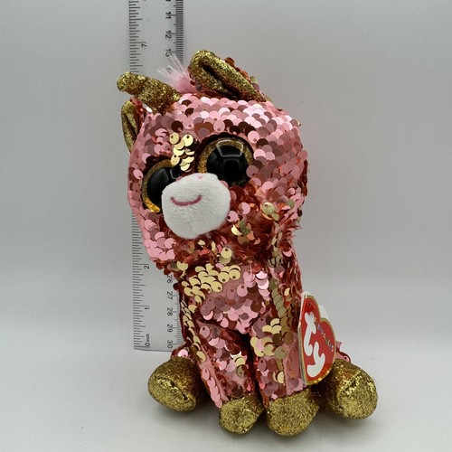 Ty FLIPPABLES SUNSET Shiny Coral Gold Sequined Unicorn 6” Beanie Boo With Tag - Picture 3 of 10
