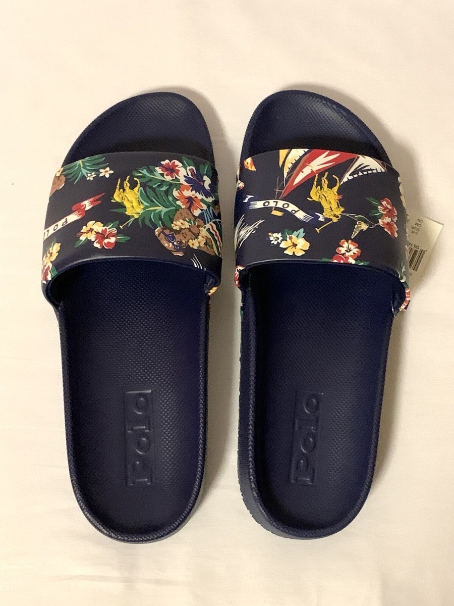 Polo Ralph Lauren Mens Tropical Bear Big Pony Slide Sandals Navy Size US 11