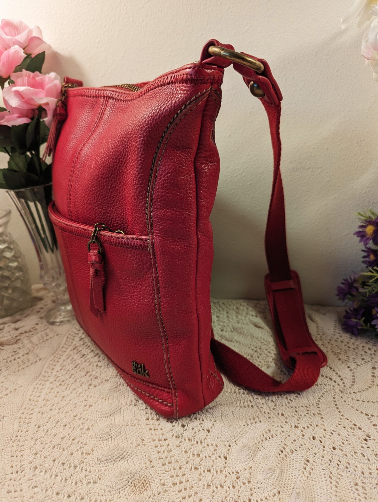 THE SAK Crossbody IRIS Soft Pebbled Leather Red Shoulder Handbag Purse