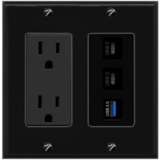 3 Ports USB-3 2 USBC Black Wall Plate with 15A Power Outlet