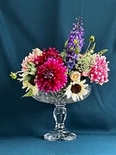 Etched Crystal Compote Centerpiece Pedestal Bowl, 10" tall, 8.75" diameter bowl