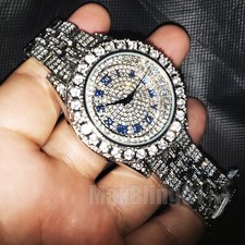Men's Hip Hop Iced Silver Plated Bling Simulated Diamond Rapper Metal Band Watch