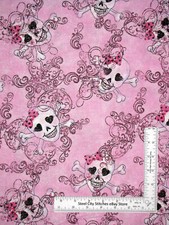 Skull Fabric 28" Length 44"W Girl Skulls Silver Glitter Pink Cotton Traditions