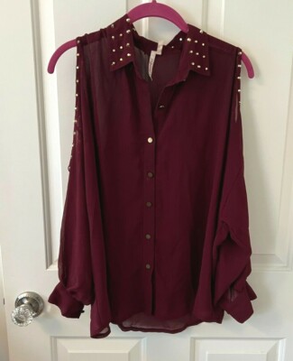 Burgundy Rock Stud Cold Shoulder Button Up Top
