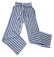 Vtg 80s Wide Legged Blue Striped Pants SMALL Belted Elastic Waistband High Waist