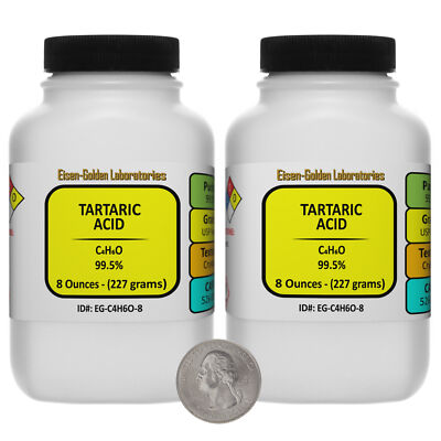 Tartaric Acid [C4H6O6] 99.5% USP Food Grade Crystals 1 Lb in Two Bottles USA