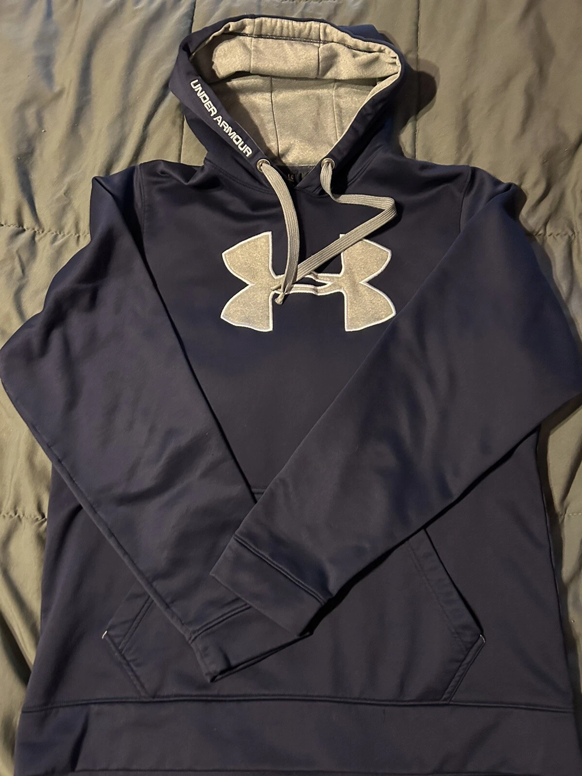 Under Armour Mens Navy Gray Big Logo Activewear Large Loose Fit Hoodie