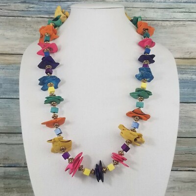 Vintage Miriam Haskell Colorful Wood Chipped Long Statement Rainbow Necklace 