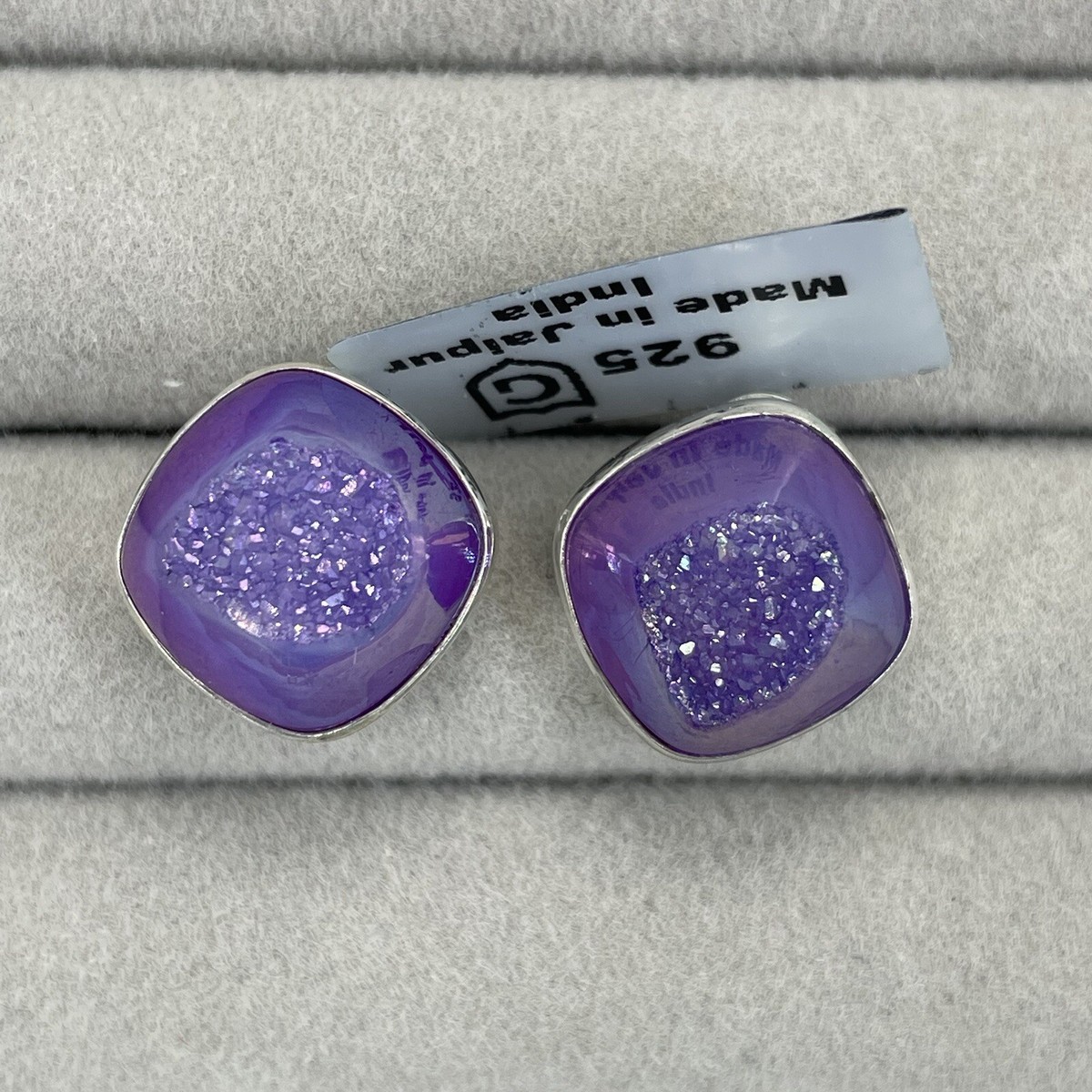 925 sterling silver earrings purple drusy geode gemstone chunky