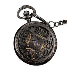 Pocket Watch Roman Numerals Dial Vintage Skeleton Mechanical Movement W/ Chain;