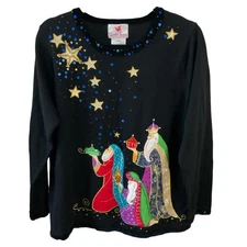 Quacker Factory Sweater Womens Large Black Nativity Wisemen Christmas Sequins
