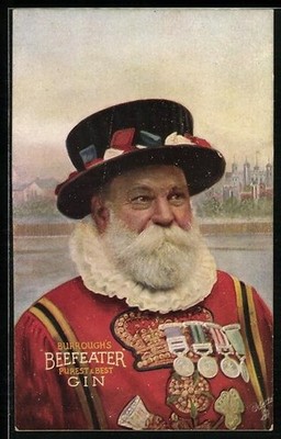 AK Reklame, alter Mann in Uniform mit Hut und Orden, Burrough´s Beefeater, pure 