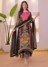 Women Plus Size Pakistani Printed Muslin Top Palazzo Dupatta Set, Kurta Pant Set