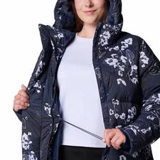Columbia Boundless Days Print Long Down Jacket Womens size L Navy Floral NWT