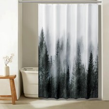 60x72 Inch Misty Forest Stall Shower Curtain Dark Green Woodland Pine Tree