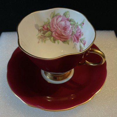 Vintage Windsor Footed Bone China Tea Cup & Saucer Maroon Pink Rose Gold England