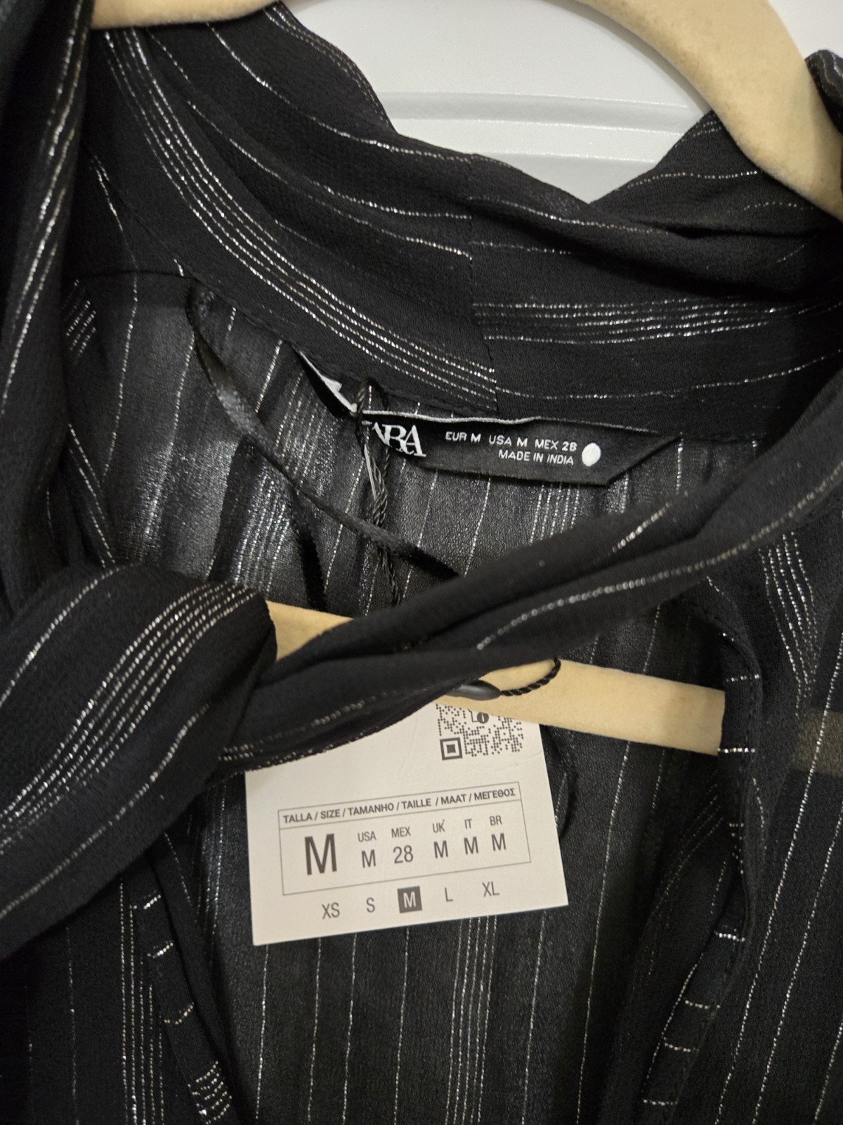 Zara ZW Collection Metallic Thread Semi-sheer Tie Neck Blouse Black Sz M NWT image 5