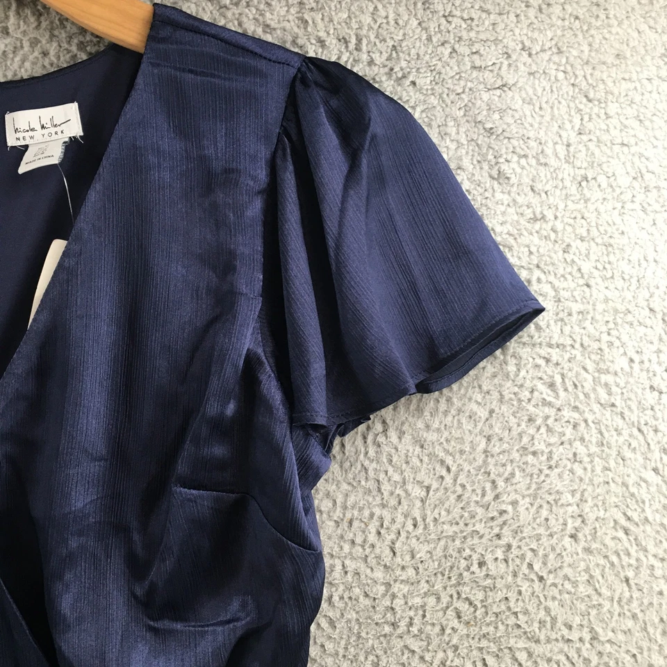 全新 Nicole Miller 连衣裙 女式 12 蓝色缎面荷叶边人造裹身高低荷叶边 — 第 4/4 张图片