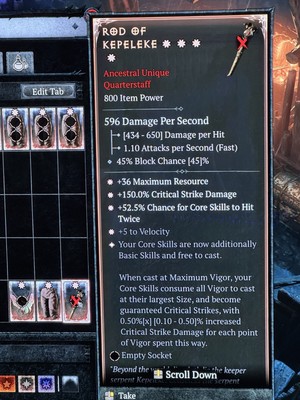 Diablo 4 Eternal Softcore Rod Of Kepeleke 4GA and Banished Lords Talisman 4ga