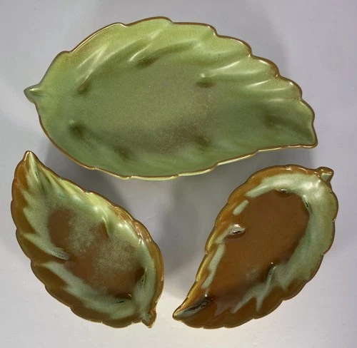 Frankoma Pottery Prairie Green Leaf Dishes Set of 3 Mid Century Modern