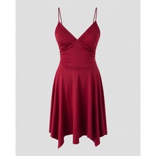 Red Ruched V-Neck Spaghetti Strap Handkerchief Hem Skater Mini Dress Medium