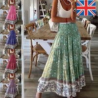 Women Elastic Waist Boho Floral Maxi Skirt Ladies Ruffle Long Swing A-Line Dress